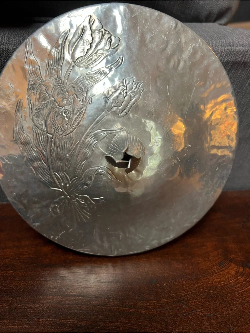 Vintage Hammered Aluminum Ice Bucket  Art Nouveau Rose Bud Floral Trim Handles